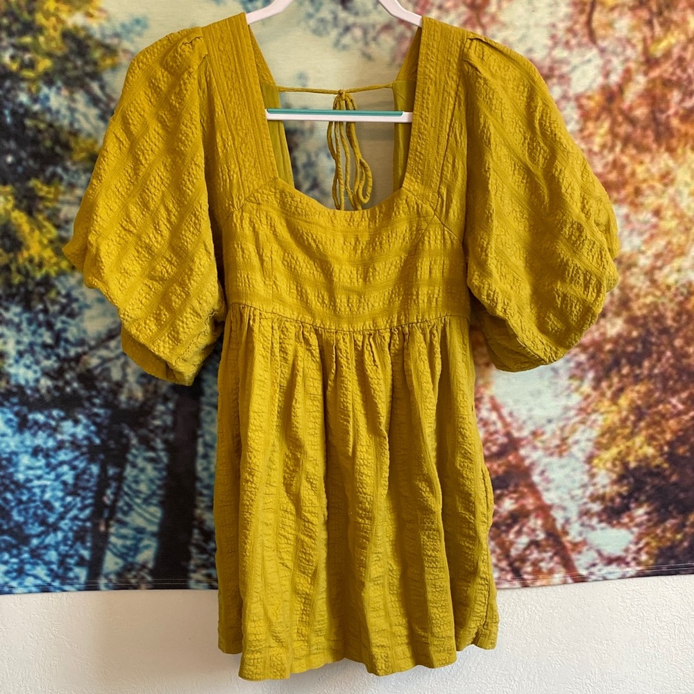 Free People chartreuse Mini Dress puff sleeves pockets open back square neckline - Picture 14 of 14